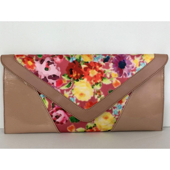 Steve Madden Evening Clutch Bag Purse Tan Leather Multicolor Floral PU - Picture 1 of 13